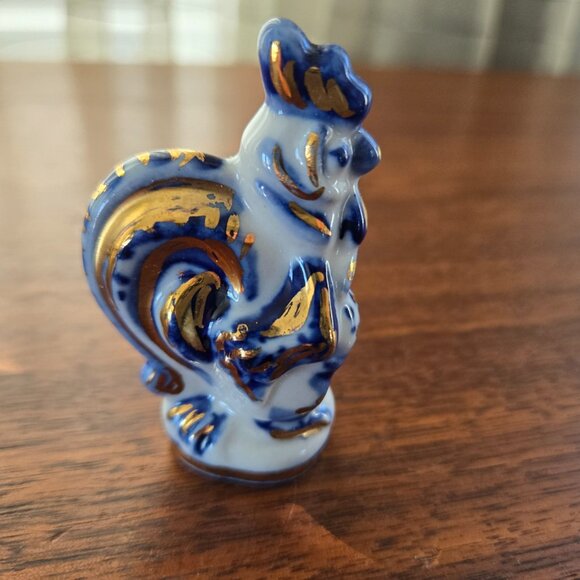 Set of 3 Gzhel Figurines Hand Painted Gilded Porcelain VTG Bunny Cat Rooster Pig - Picture 4 of 16